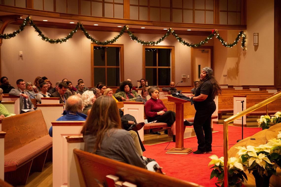 Shameka Parrish-Wright speaks about The Bail Project - Louisville during the Justice Through Bail Reform forum at Central Baptist Church in Lexington, Ky., on Tuesday, Dec. 10, 2019.