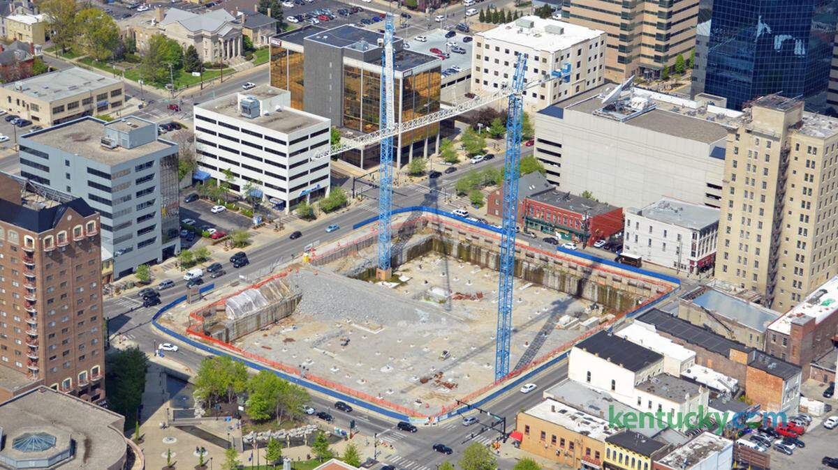 Aerial photo of the CentrePointe construction site in May 2015.