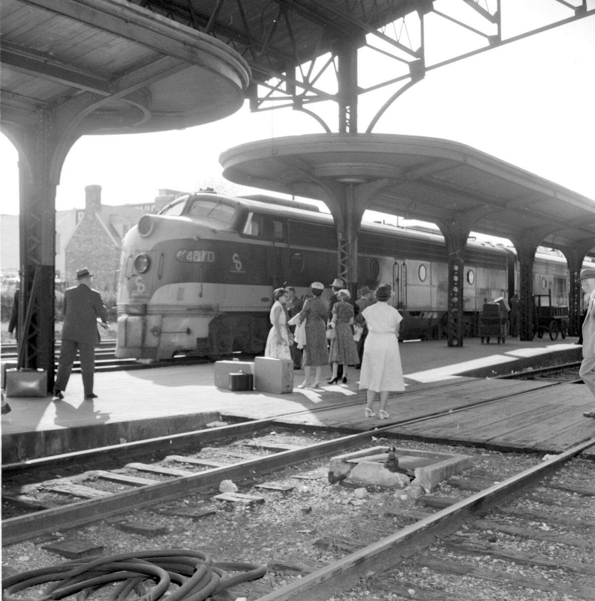 The Chesapeake and Ohio Railroad’s George Washington waited by the platform behind Union Station on Thursday May 9, 1957. This was the last time the passenger train would stop at Union Station, which was to be closed because of high operating costs and low passenger levels. The station was demolished in March 1960.