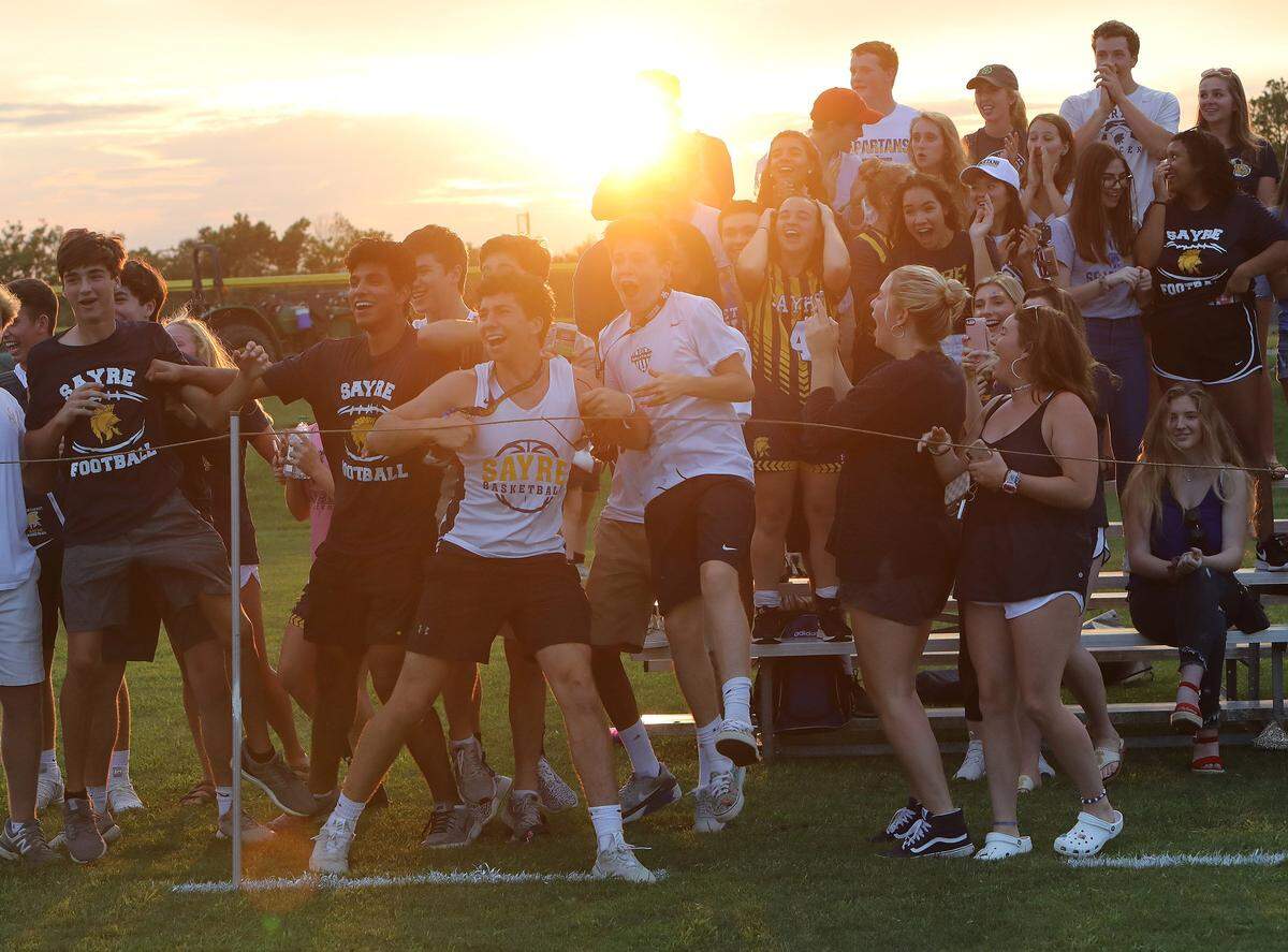 Sayre fans reacted after Daniel Clinkinbeard ran for the school’s first touchdown since 1977 during the Spartans’ 15-0 win over Bourbon County.