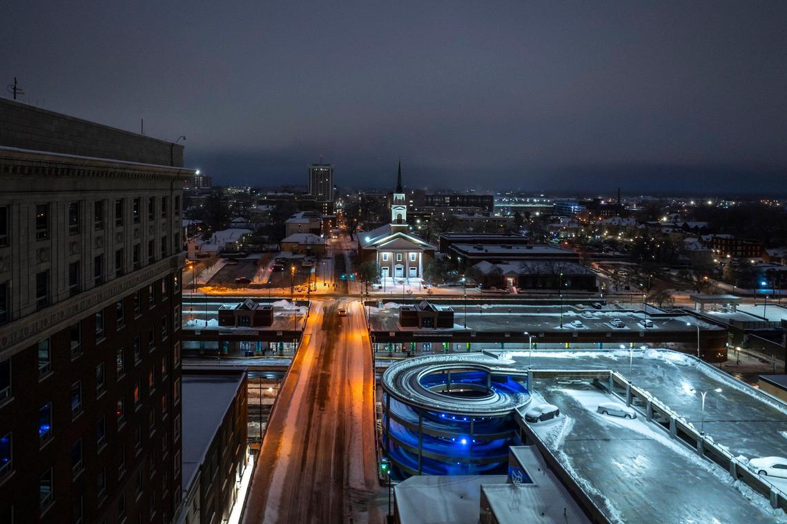 Dawn breaks over a snowy Lexington, Ky., on Monday, Jan. 6, 2025.