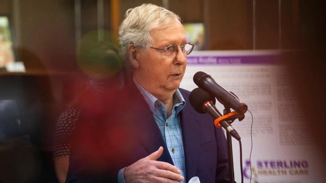 Sen. Mitch McConnell speaks during a press conference at Sterling Health Care in Mt. Sterling, Ky., Wednesday, July 8, 2020. Sterling Health Care received money from the CARES act.