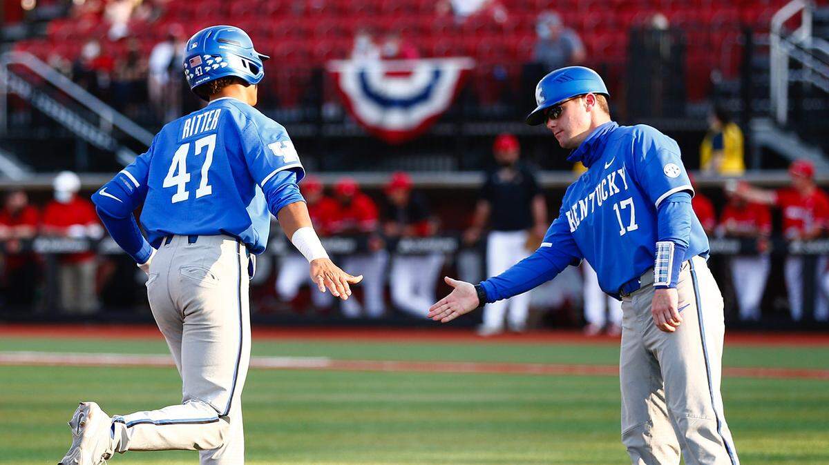 Kentucky shortstop Ryan Ritter rounds third after hitting a three-run home run in UK’s 11-7 upset of Louisville on April 6. Ritter ignited UK’s win over then-No. 5 U of L with six RBI and three defensive gems.