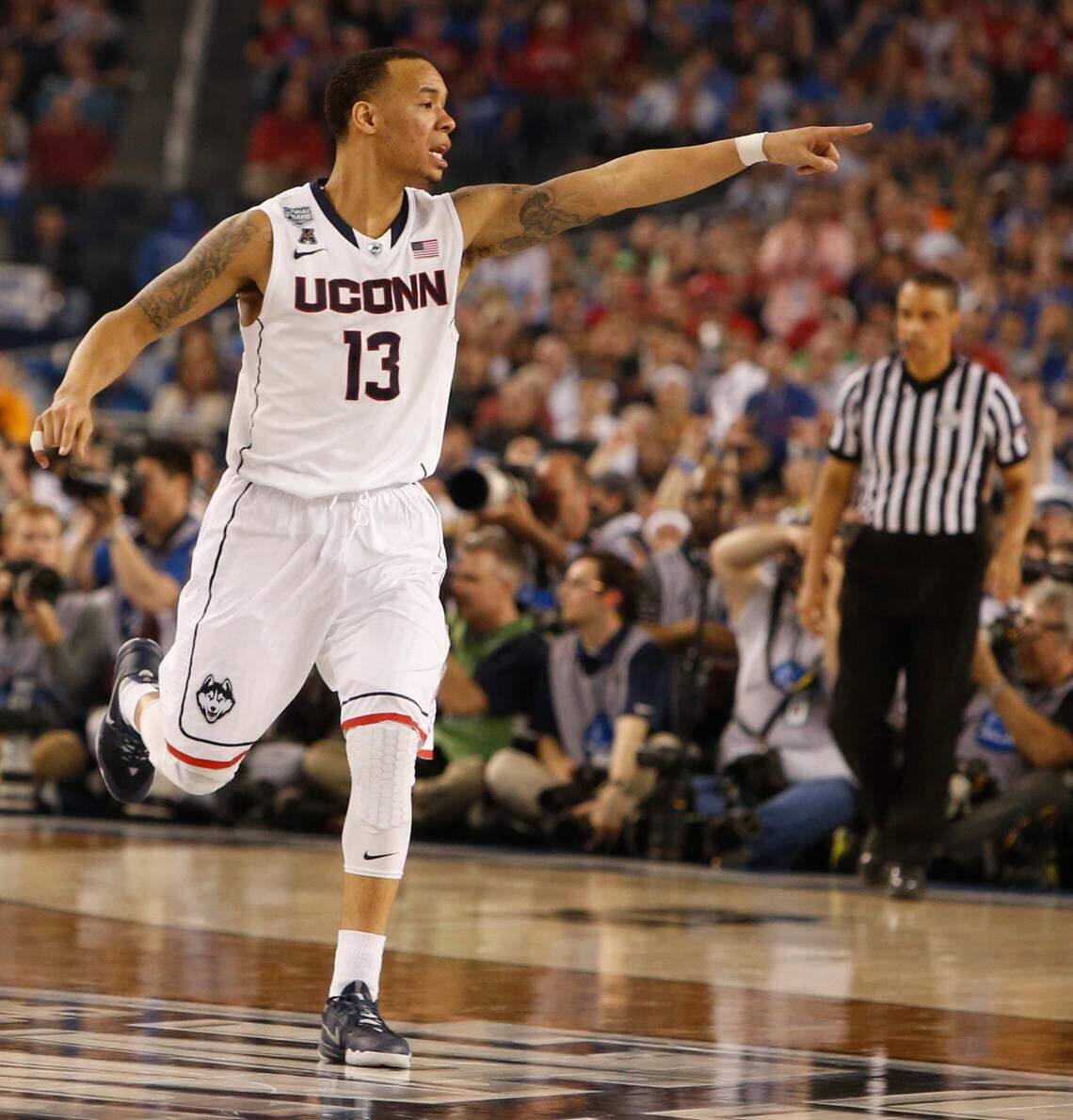 Connecticut guard Shabazz Napier had 22 points, six rebounds, three assists and three steals in the Huskies’ 2014 NCAA finals win over Kentucky.