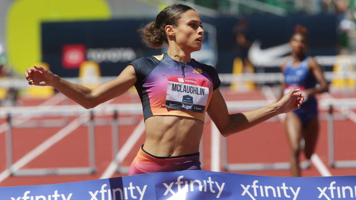 Sydney McLaughlin crosses the finish line to set a new world record in the women’s 400-meter hurdles at the U.S. outdoor championships Saturday in Eugene, Ore.