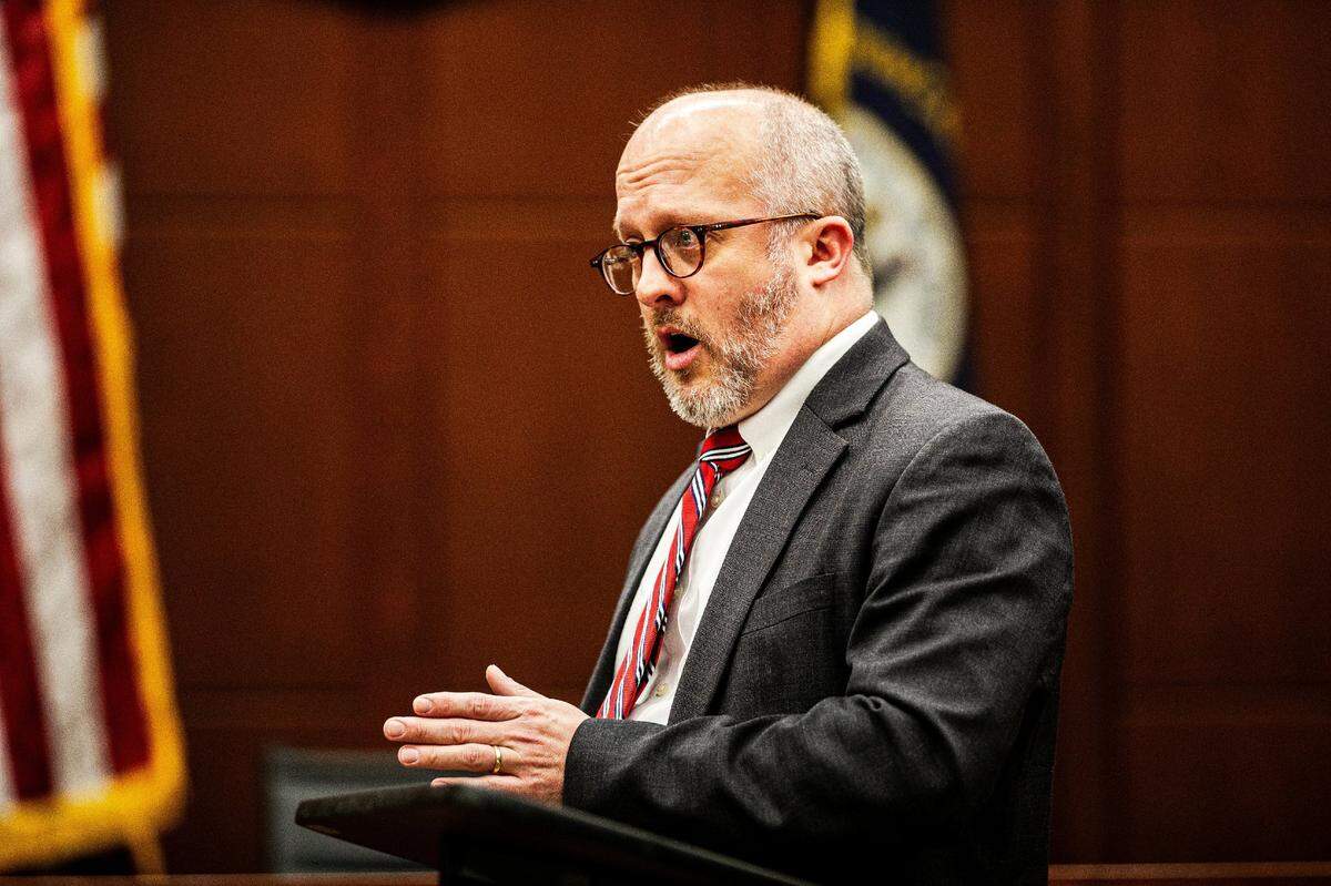 Prosecutor Nicholas Fegenbush delivers his opening statements to the jury in the case of Carol Ann Hignite on January 13, 2025, in Lexington, Ky.