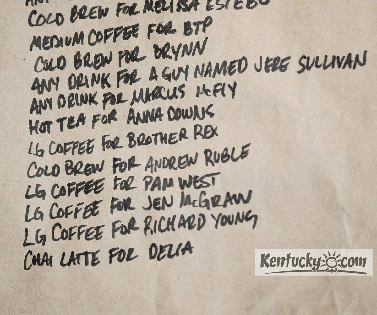 The Pay it forward list at  A Cup of Common Wealth on which customers pay for the coffee of someone who may come in such as "the lawyer who drives a silver BMW with a dent in it "on Wednesday July 17, 2013 in Lexington, Ky. Photos by Mark Cornelison | Staff