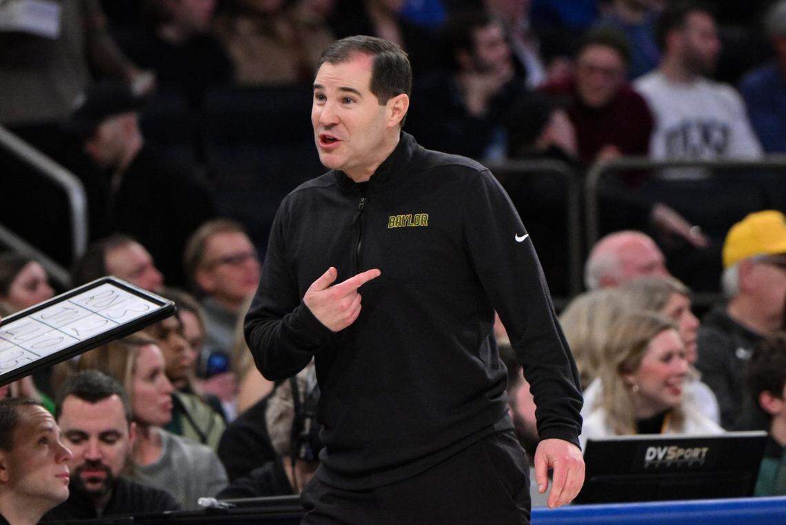 Dec 20, 2023; New York, New York, USA; Baylor Bears head coach Scott Drew reacts during the first half against the Duke Blue Devils at Madison Square Garden. Mandatory Credit: John Jones-USA TODAY Sports