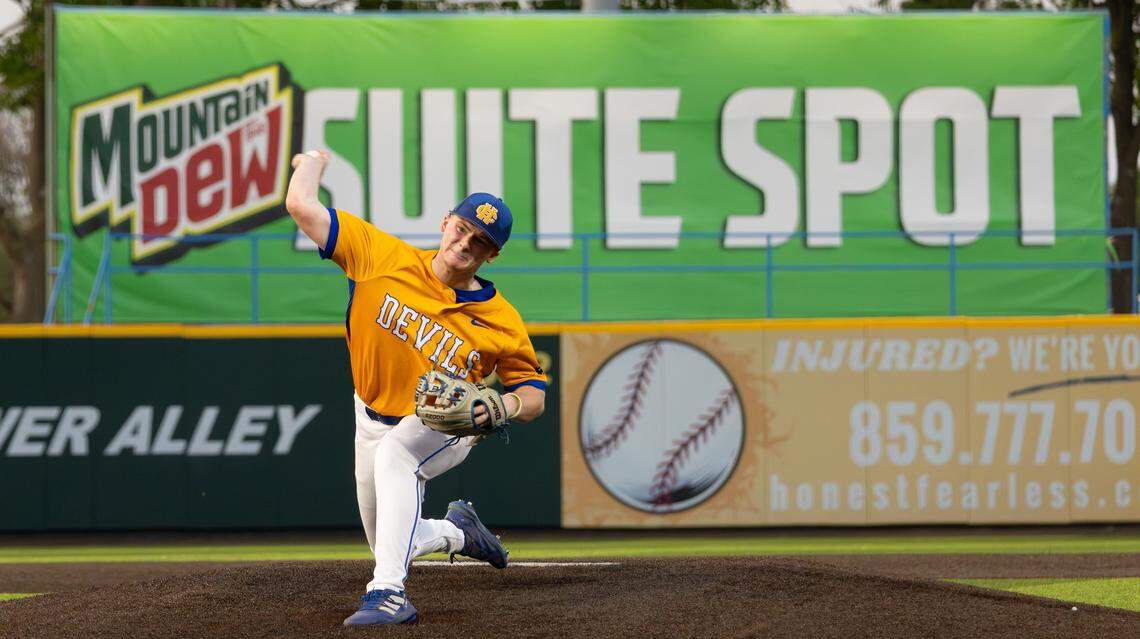 Henry Clay's John Ritchie pitching on the mound during their game against Frederick Douglass at Legends Field on April 15, 2026, in Lexington, Ky.