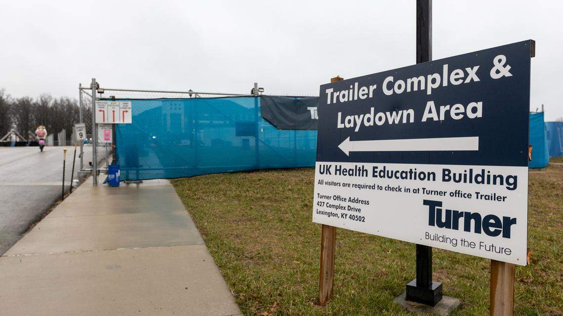 Construction entrance sign on Complex Drive for new dormitory development at University of Kentucky’s south campus, March 2, 2026.
