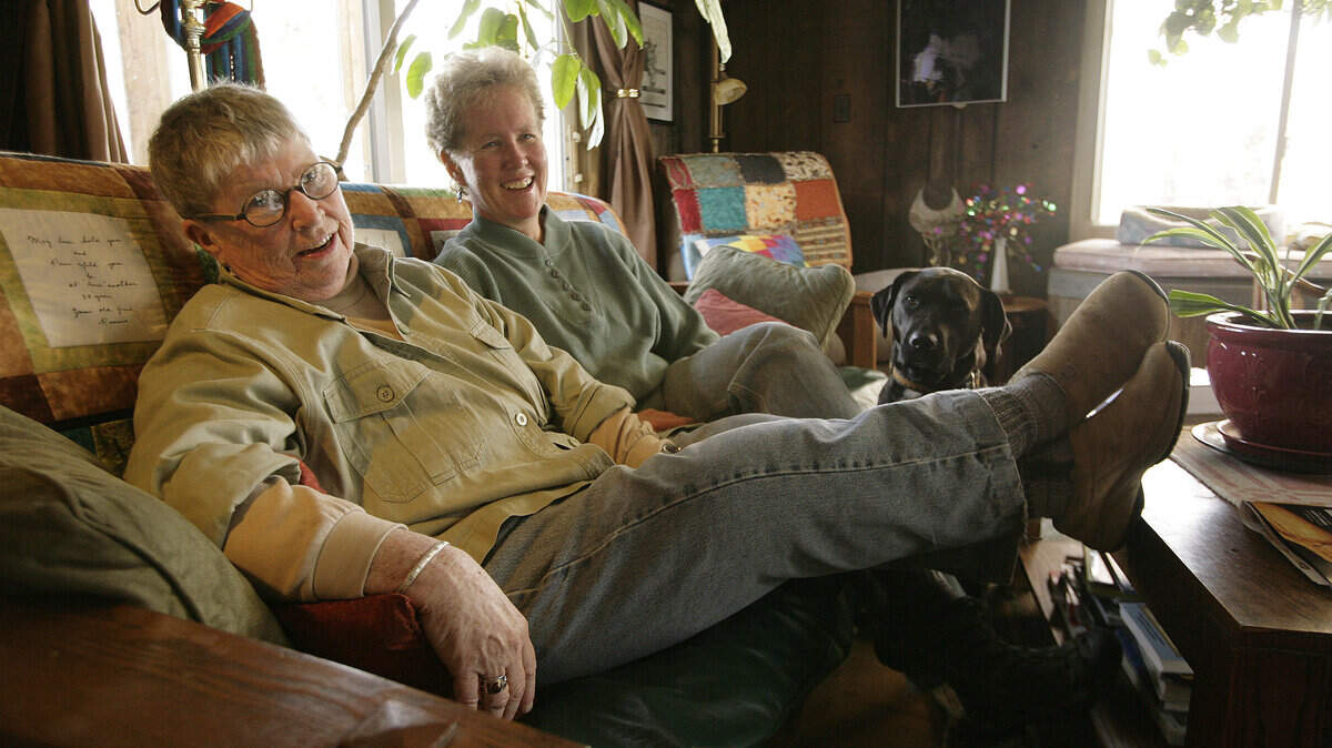 Joan Callahan, left, and Jennifer Crossen at their Windy Knoll Farm in Lexington on November 20, 2008. The two have together for more than 25 years and have been legally married since October.
