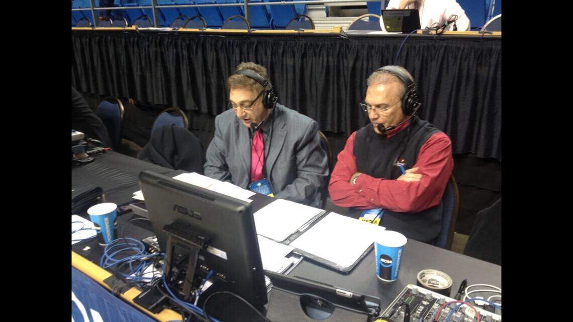 University of Louisville radio play-by-play announcer Paul Rogers, right, with men’s basketball color analyst Bob Valvano.