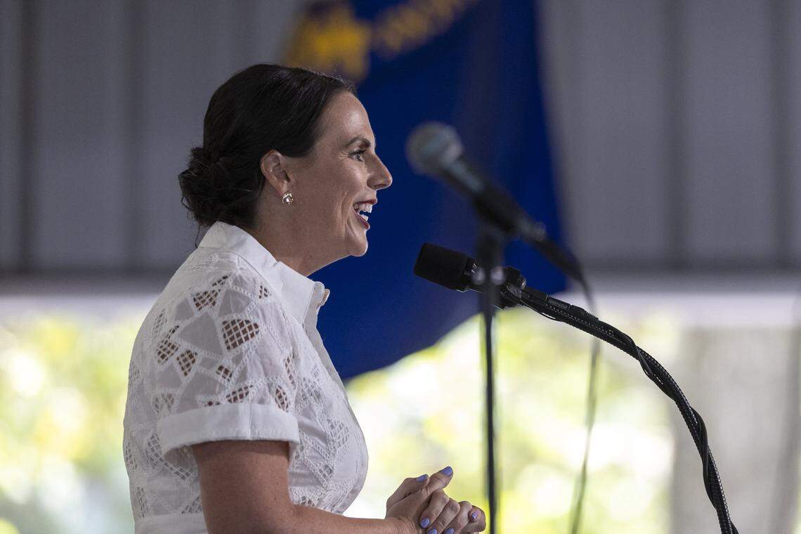 Ashli Watts, Kentucky Chamber of Commerce president, emcees the 145th annual Fancy Farm Picnic Political Speaking at St. Jerome Catholic Church in Fancy Farm, Ky., on Saturday, Aug. 2, 2025.