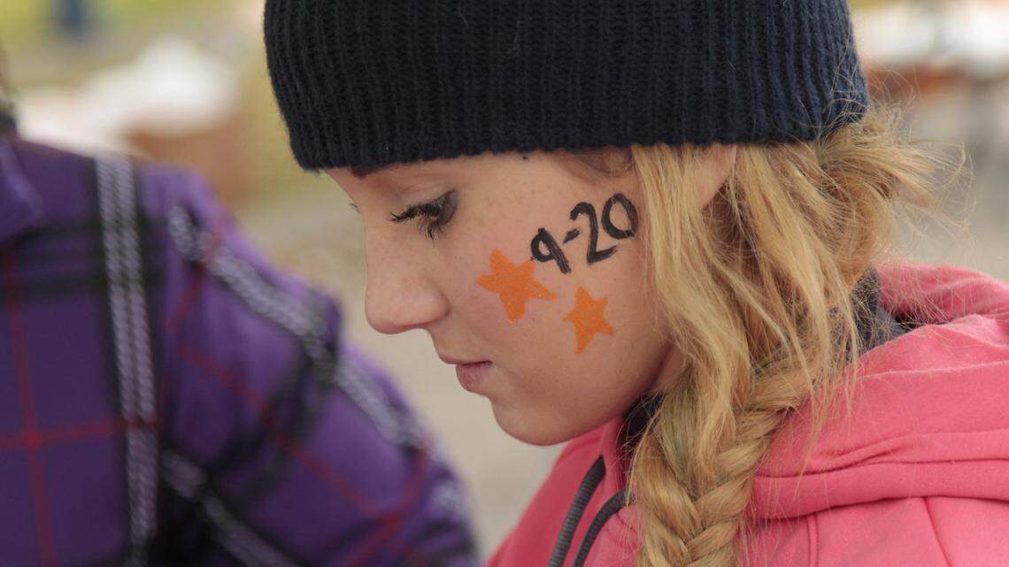 Savannah Brant, 15, had the date that her friend Stuart took his own life written on her cheek Saturday.