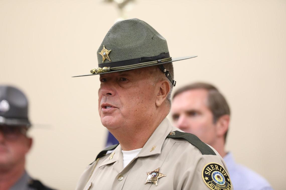 Laurel County Sheriff John Root provides updates during a press conference held at the London Community Center, on day 11 of the search for mass shooter, 32-year-old Joseph Couch on September 17, 2024, in London, Ky.