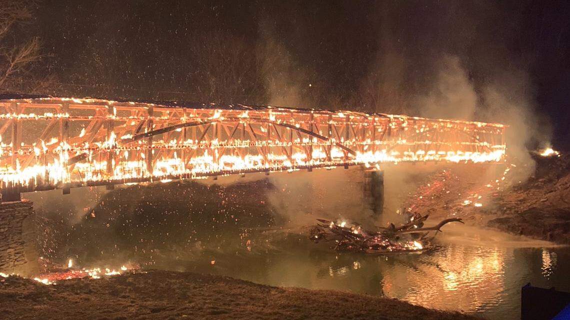 A covered bridge in Washington County, Kentucky, was destroyed in a fire Tuesday, photos show.