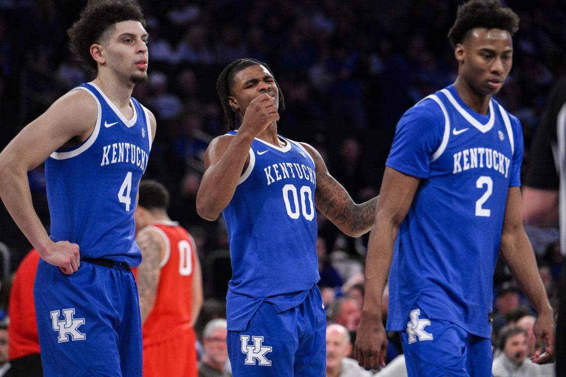 Dec 21, 2024; New York, New York, USA; Kentucky Wildcats guard Otega Oweh (00) reacts during the second half against the Ohio State Buckeyes at Madison Square Garden. Mandatory Credit: John Jones-Imagn Images