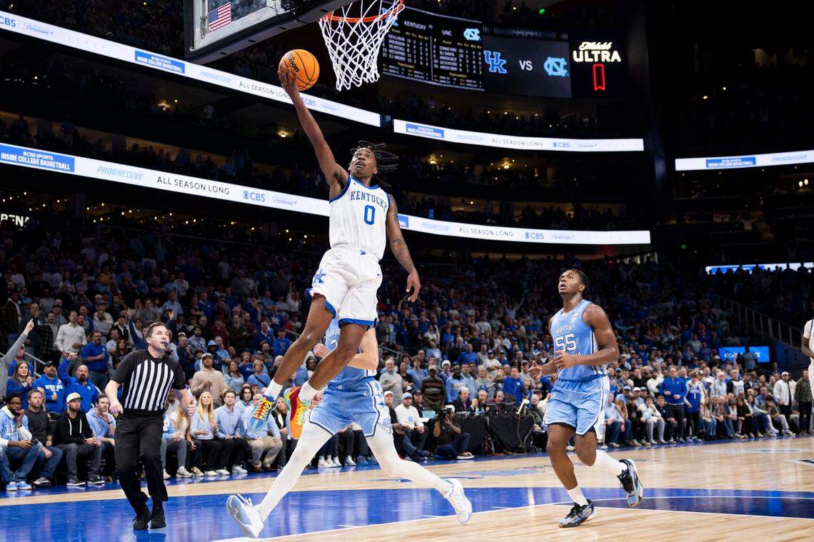 Kentucky freshman guard Rob Dillingham (0) had a team-high 17 points in UK’s 87-83 win over then-No. 9 North Carolina in last Saturday’s CBS Sports Classic.