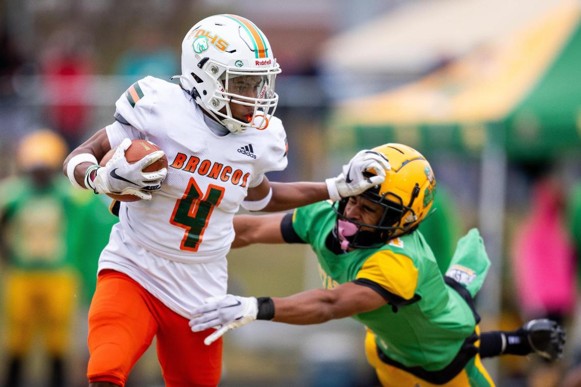 Derion Talbert (4) caught seven touchdown passes and ran for three more scores for Frederick Douglass in 2023. He also scored twice on punt returns and four times on two-point conversions, making him the Broncos’ leading scorer.