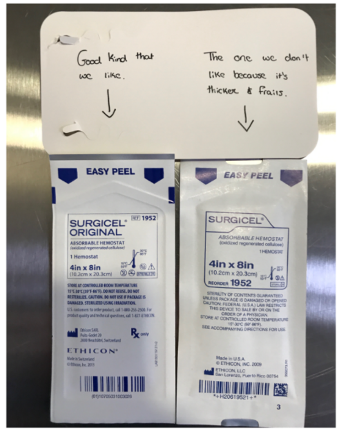An example comparing packaging of a legitimate medical mesh, left, to a counterfeit product sold to the University of Kentucky hospital. The exhibit was included in a federal court case.
