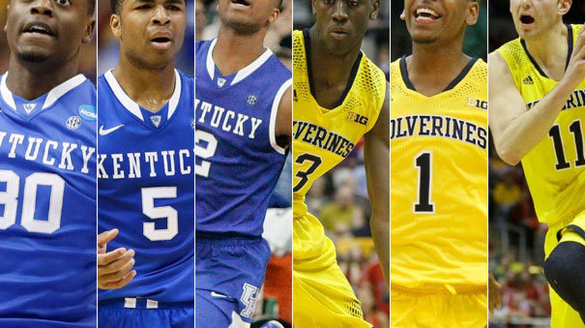 Kentucky's Julius Randle, left, Andrew and Aaron Harrison, Michigan's Caris LeVert, Glenn Robinson III and Nik Stauskas