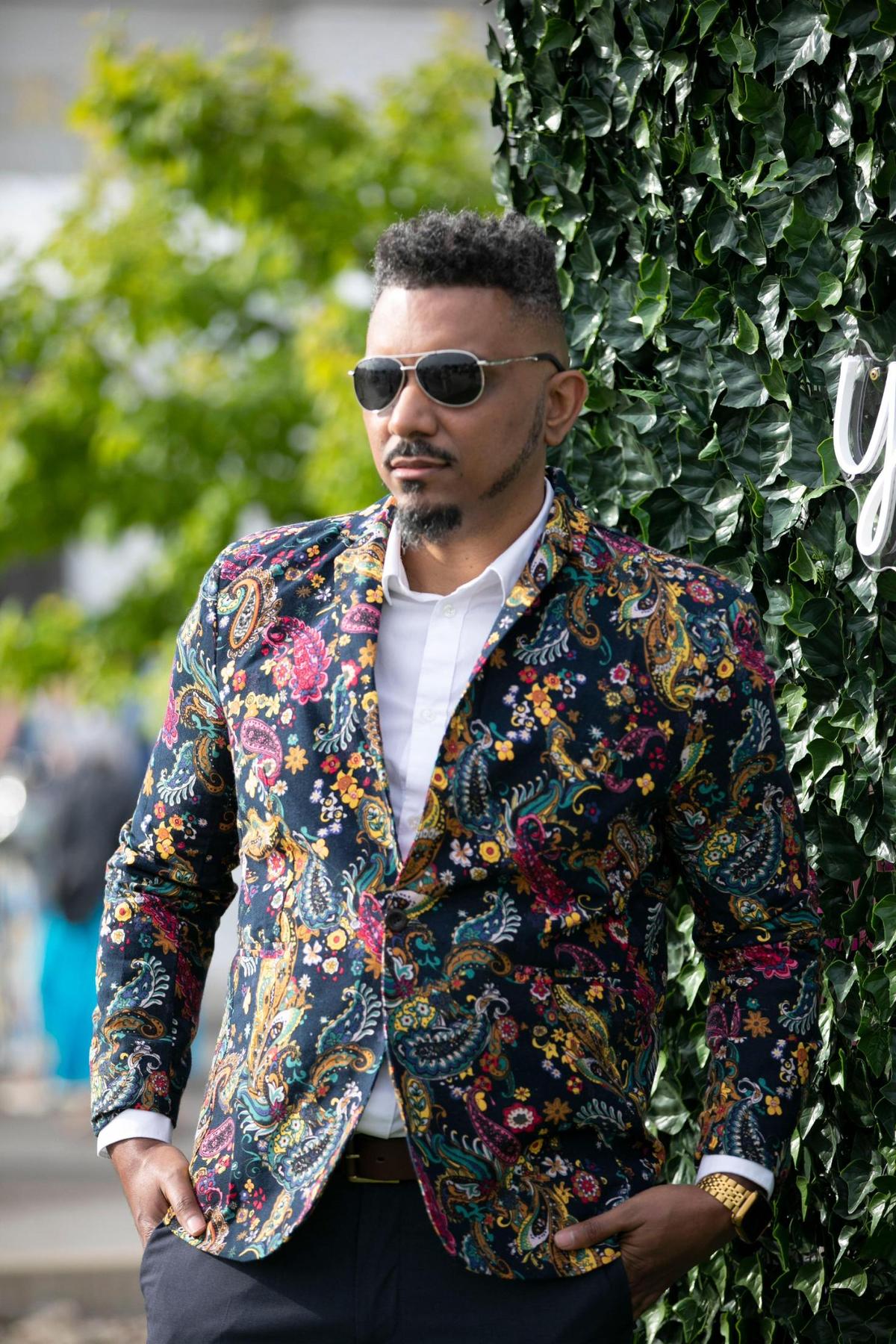 Brandon Garrett found his paisley print jacket on Amazon after getting last-minute tickets to the Kentucky Derby, on May 6, 2023.