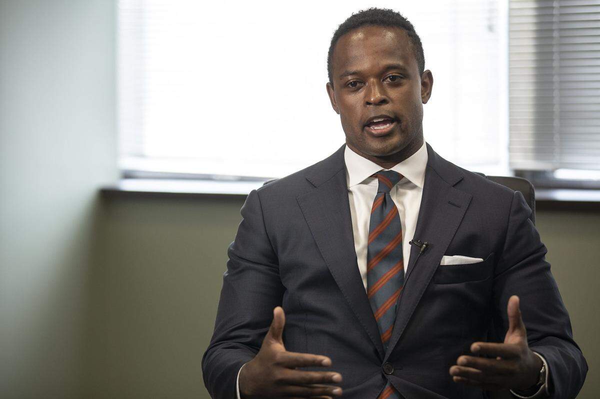 Daniel Cameron, the Republican candidate for attorney general, speaks to members of the Herald-Leader editorial board at the newspaper’s office in Lexington, Ky., Thursday, Oct. 10, 2019.
