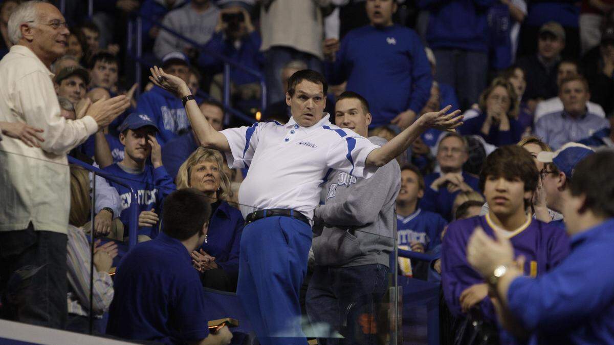 Darren Moscoe dances to the song  Mony Mony  in the aisle during a time out in the second half of the University of Kentucky vs. Louisiana State basketball game on Saturday, Feb. 28, 2009 at Rupp Arena in Lexington, Ky.   Photo by David Perry     Staff