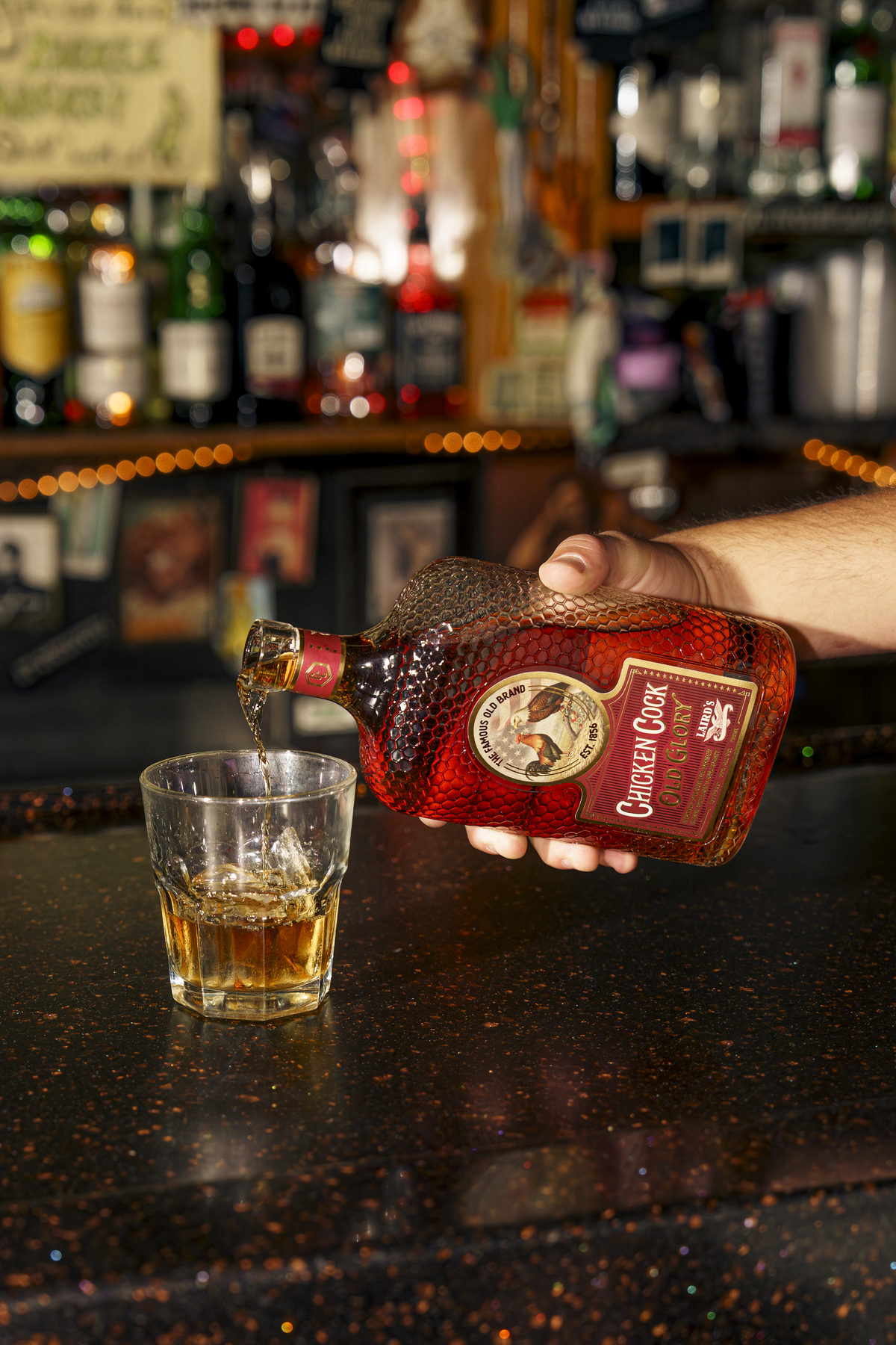 Chicken Cock Old Glory is a blend of rye whiskey and apple brandy, in honor of the 250th anniversary of the U.S.