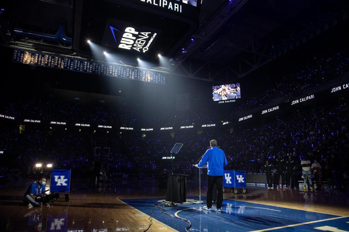 Kentucky head coach John Calipari addressed the crowd during Friday night’s Big Blue Madness celebration in Rupp Arena.