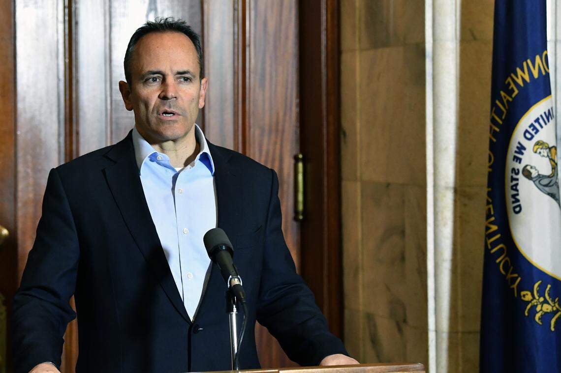 Republican Kentucky Governor Matt Bevin speaks with reporters as he conceded the gubernatorial race to democrat Andy Beshear in Frankfort, Ky., Thursday, Nov. 14, 2019.