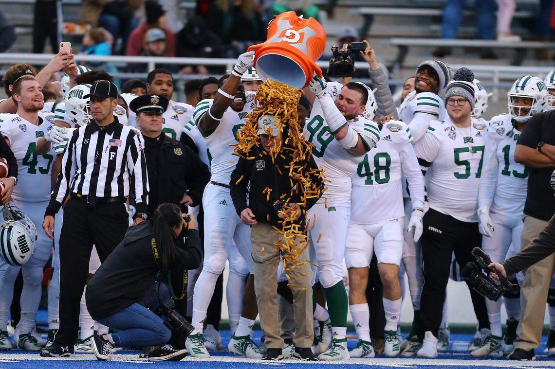Ohio players dumped french fries on then-Bobcats coach Frank Solich to celebrate Ohio’s 30-21 win over Nevada in the Famous Idaho Potato Bowl in Boise, Idaho, that followed the 2019 season.