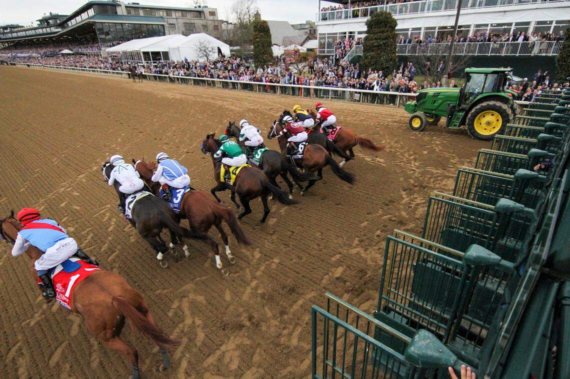Flightline (4), with Flavien Prat up, breaks from the starting gate on his way to winning the Breeders’ Cup Classic at Keeneland.