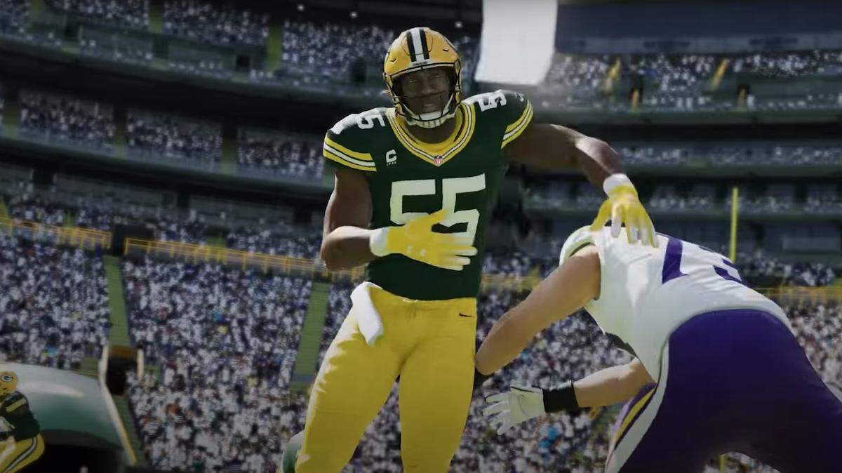 A virtual version of Za’Darius Smith is seen rushing a passer during the reveal trailer for “Madden 21.”