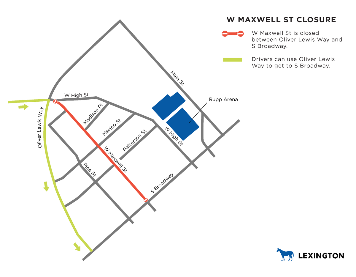 West Maxwell Street between Oliver Lewis Way and South Broadway will be closed starting April 28, 2025. City officials are encouraging motorists to use Oliver Lewis Way to get to South Broadway.