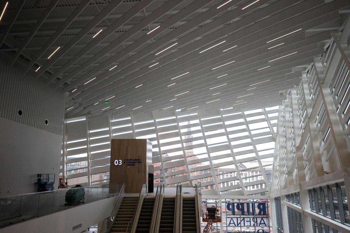 Construction nears completion at the Central Bank Center in Lexington, Ky., on Wednesday, April 6, 2022. Rupp Arena and the convention center were originally built in 1976, and there were prior major expansions in the 1990s and early 2000s.
