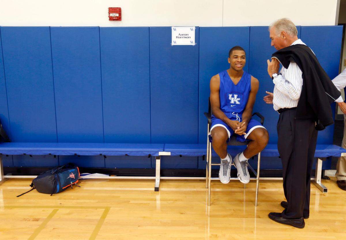 Kentucky guard Aaron Harrison talked with Mike Pratt during UK media day in 2014. Pratt interviewed a Kentucky player on the radio following every game.