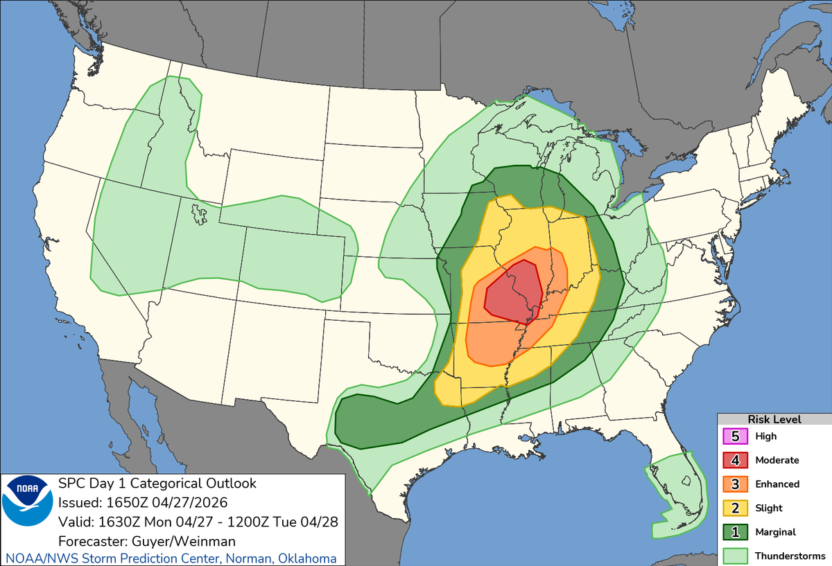 The farthest Western Kentucky counties are expected to get severe thunderstorms capable of producing strong tornadoes overnight Monday, April 27 into Tuesday, April 28.