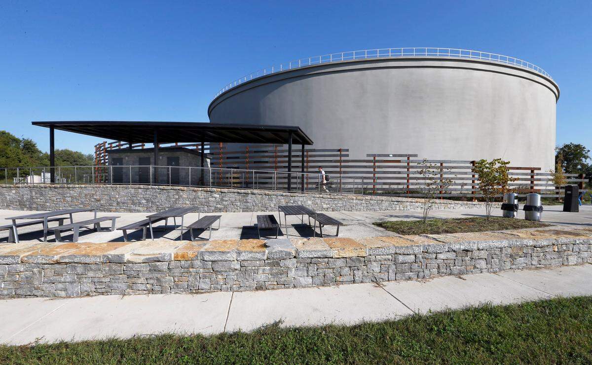 The new wet weather storage tank on the Legacy Trail in Coldstream Park features a rest area including restrooms ( located under the roof on the left), a water bottle filling station, bike racks and seating along with trees and landscaping that provide shade.The wet weather storage tank is 60 feet tall and can hold 11 million gallons of water.