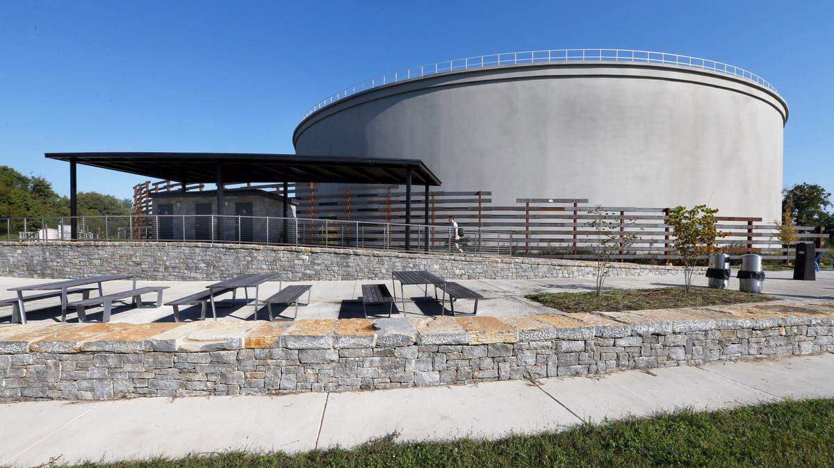 The new wet weather storage tank on the Legacy Trail in Coldstream Park features a rest area including restrooms ( located under the roof on the left), a water bottle filling station, bike racks and seating along with trees and landscaping that provide shade.The wet weather storage tank is 60 feet tall and can hold 11 million gallons of water. 