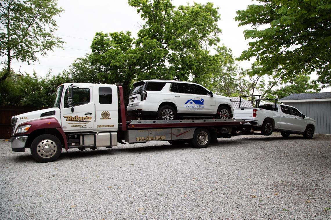 Fayette County Sheriff’s deputies served an order to seize two trucks from the office of failed roofing company Lexington Blue on Pasadena Drive. May 16, 2025.