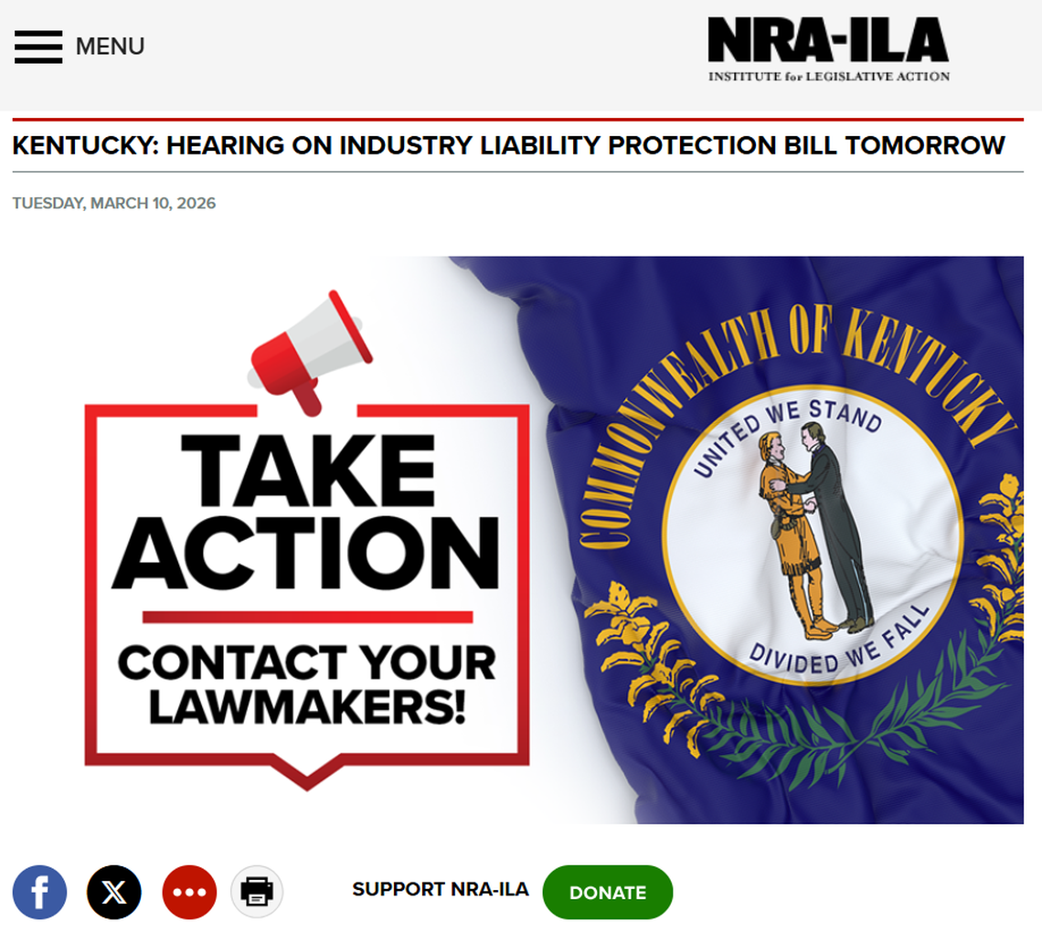 The National Rifle Association sent out an alert this week urging its members to contact Kentucky lawmakers and vote for House Bill 78, a legal liability shield for the gun industry.