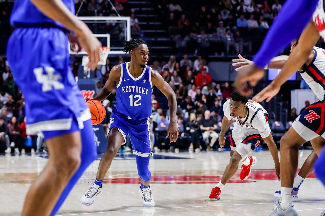 Kentucky’s Antonio Reeves (12) made six of his seven three-point attempts during Tuesday night’s win in Oxford, Miss.
