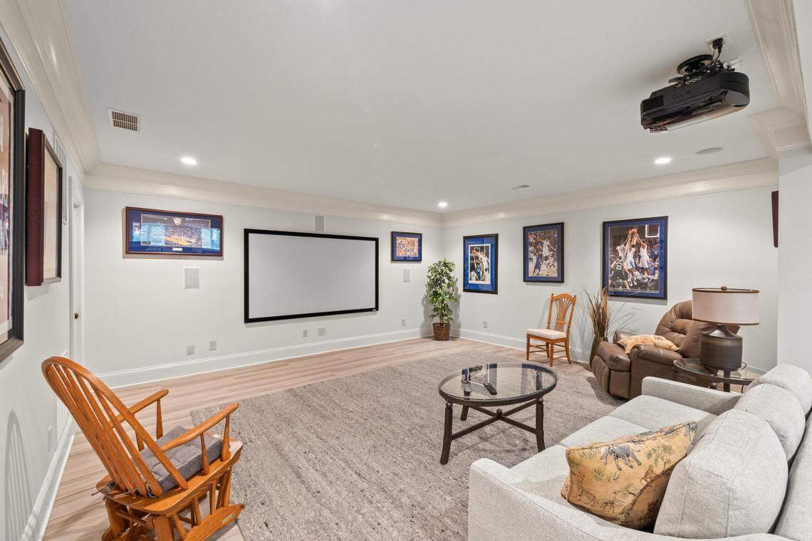 The basement, with basketball memorabilia, of the Calipari house.