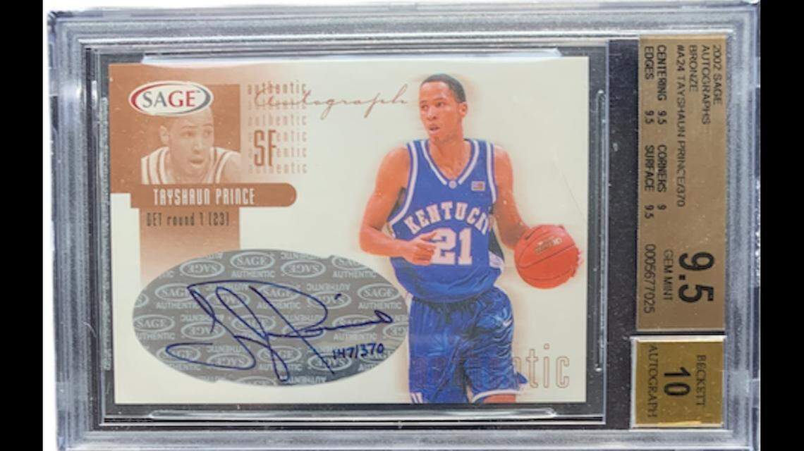An autographed card featuring UK great Tayshaun Prince in his Kentucky Wildcats uniform.