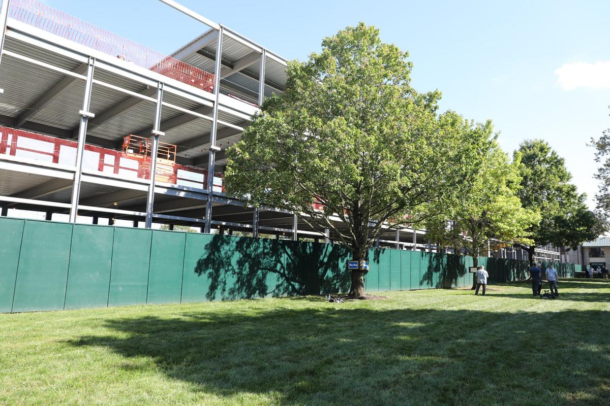 Construction on Keeneland’s new Paddock Building is shown during the opening day of the 2024 Fall Meet at Keeneland Race Course on Oct. 4, 2024, in Lexington, Ky.