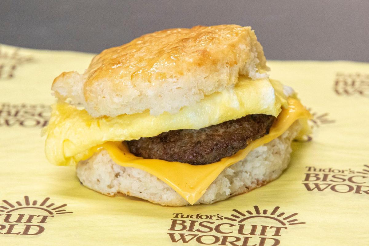 The Ron, a biscuit with sausage, egg and cheese at Tudor’s Biscuit World.