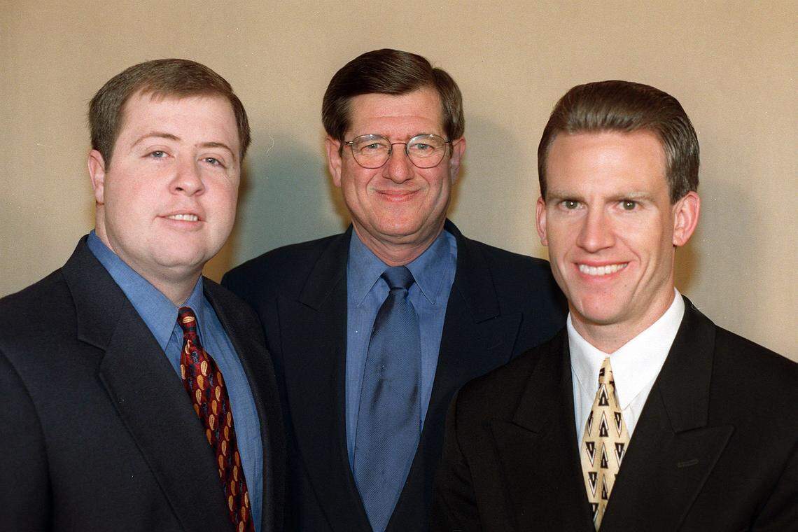 Three legendary and popular WKYT-TV Channel 27 meteorologists from left, Chris Bradley, Brian Collins, and T.G. Shuck, Feb. 12, 1999. Collins, the ever-smiling longtime Lexington television weatherman, died May 20, 2004 of complications from lung cancer. He was 62. As a beloved television personality, Collins was often called upon to be the master of ceremonies at pageants and the grand marshal of parades. He had even played Santa Claus, posing for pictures with people's pets at the Lexington Humane Society. He frequently visited schools to give talks to children. Collins started as a reporter at WLEX-TV Channel 18 in 1981. His contract was not renewed in 1992, partly because he was not a meteorologist at the time. Collins then joined the staff of Channel 27, working part-time at first. He studied meteorology at Mississippi State University and eventually moved up to chief meteorologist at WKYT. Shuck left WKYT in 2012 and is currently the Chief Meteorologist at WTVQ. Bailey, the current WKYT chief meteorologist, said he became a meteorologist because of Collins. Collins made Bailey one of his "weather watchers" when Bailey was in the fifth grade in Salyersville. Collins would send Bailey weather books to study and years later Collins gave Bailey his first chance to be a weather forecaster. 
