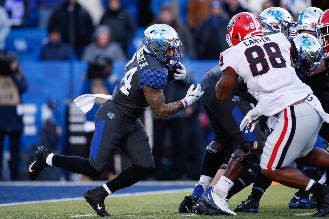 Kentucky’s Chris Rodriguez runs the ball against Georgia on Saturday, Nov. 19, 2022, at Kroger Field in Lexington, Kentucky.