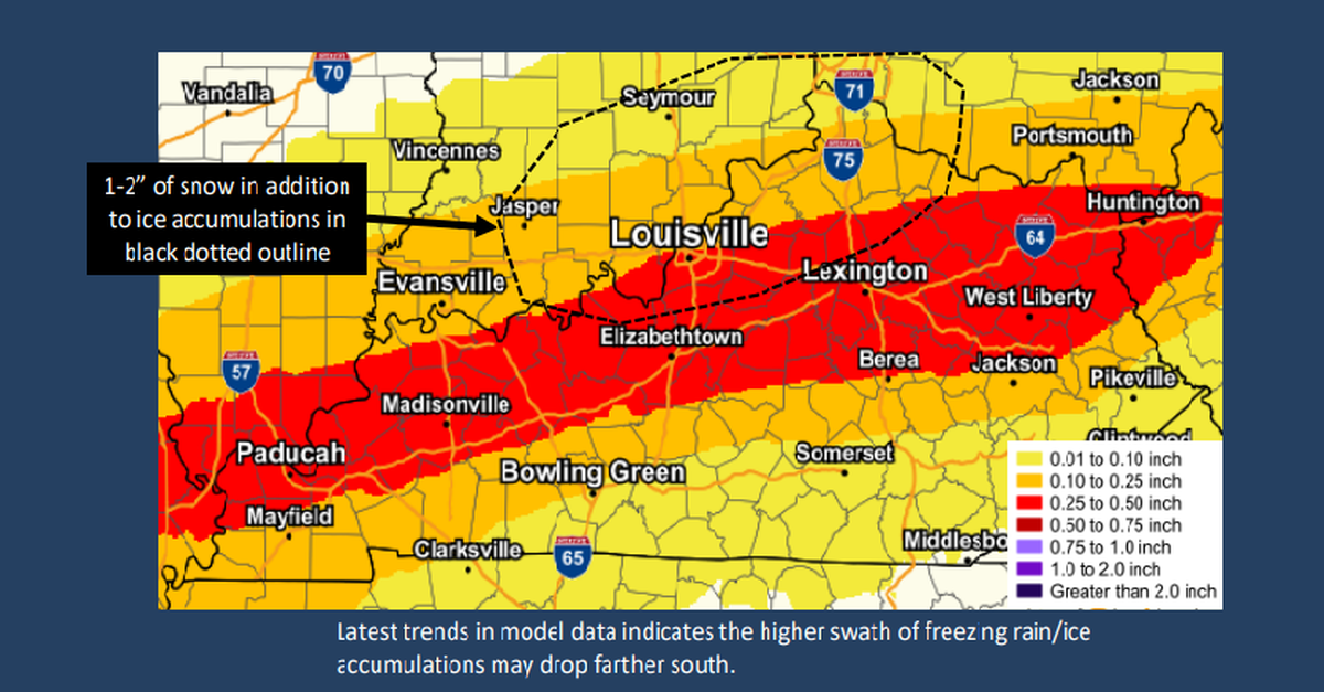National Weather Service map of heaviest snow and ice expected Tuesday through Thursday.